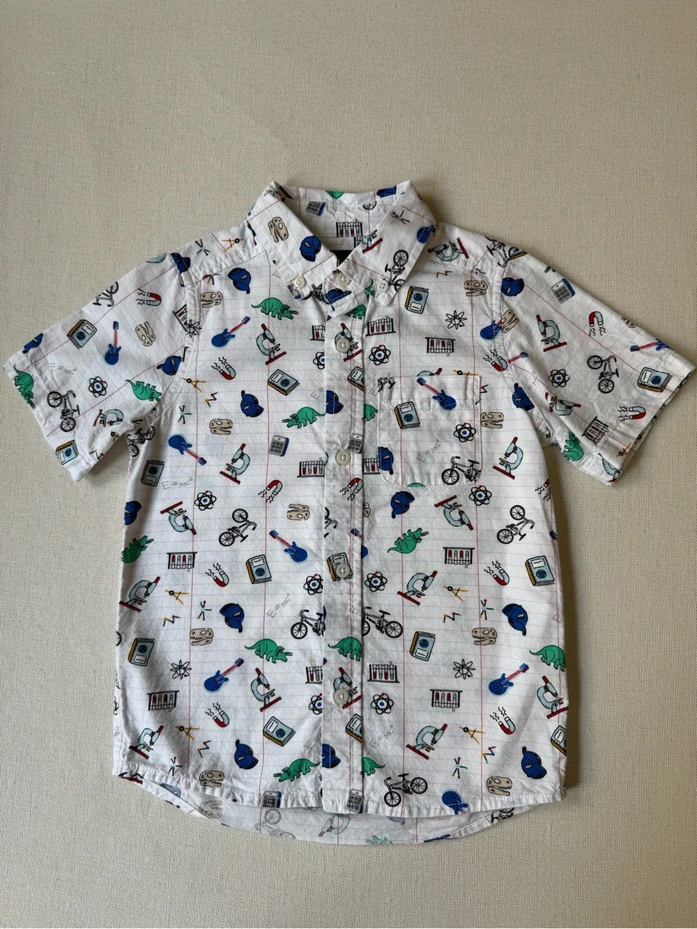 AOP School Science Dinosaur Print Short Sleeve Cotton Button Shirt